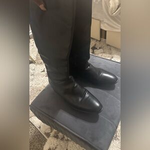 Black Leather Knee High Boots with Small Heel
